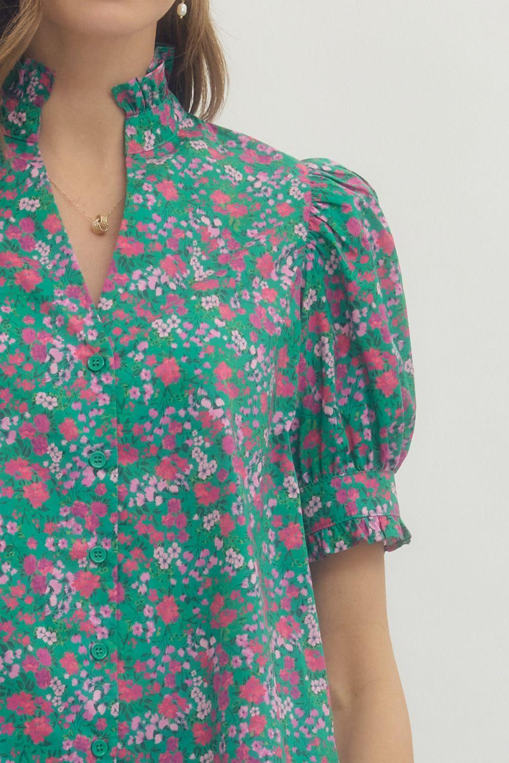 Green Floral  with Ruffled Neck Top
