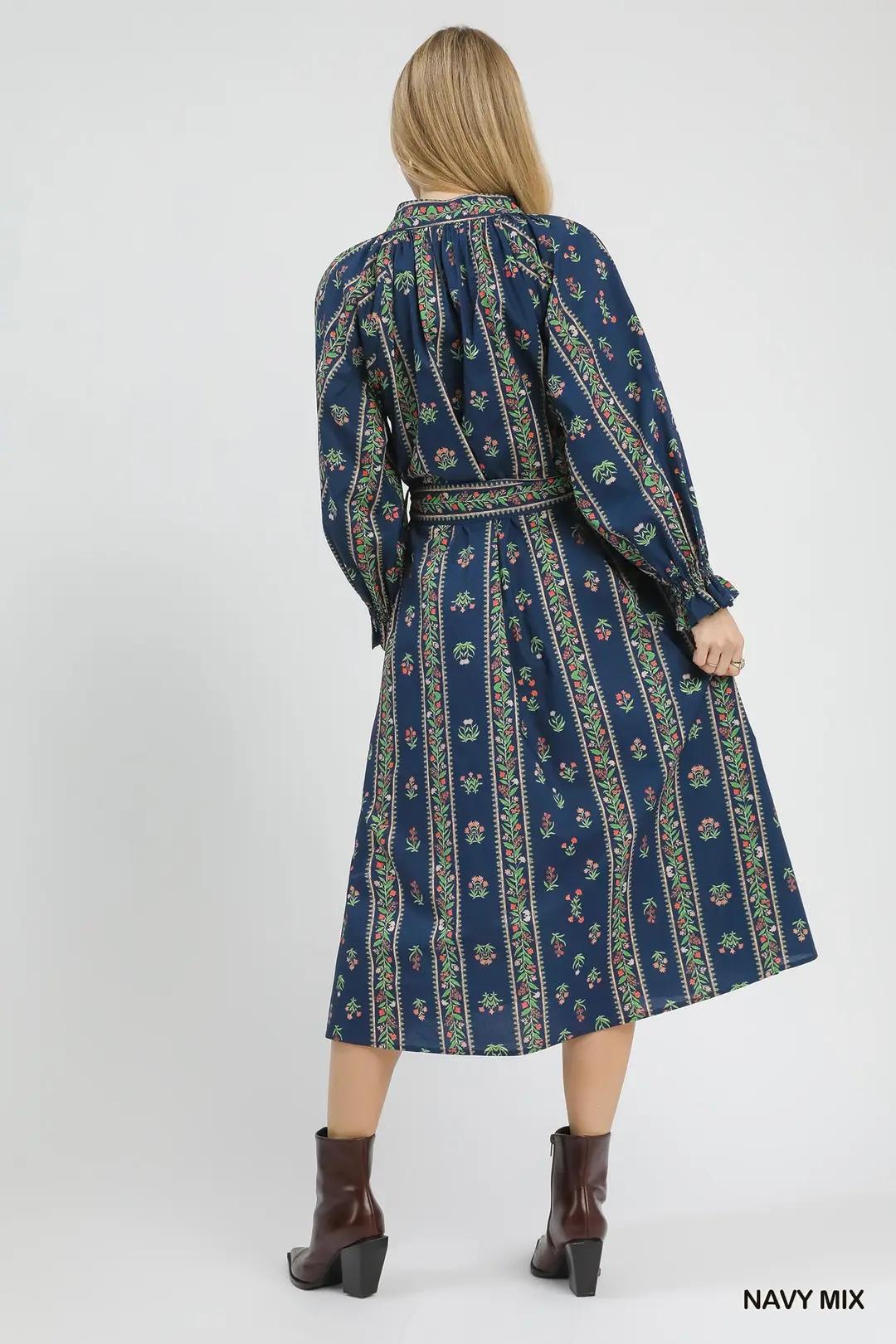 Navy Mini Flower Stripe Print Maxi