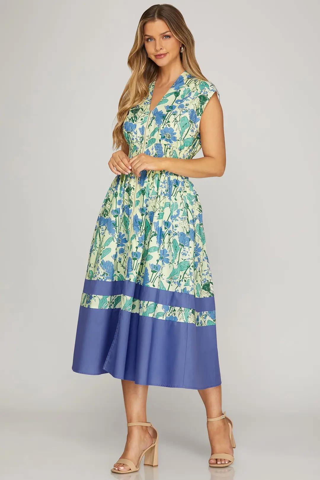 Blue Floral Smocked Zip Front Midi